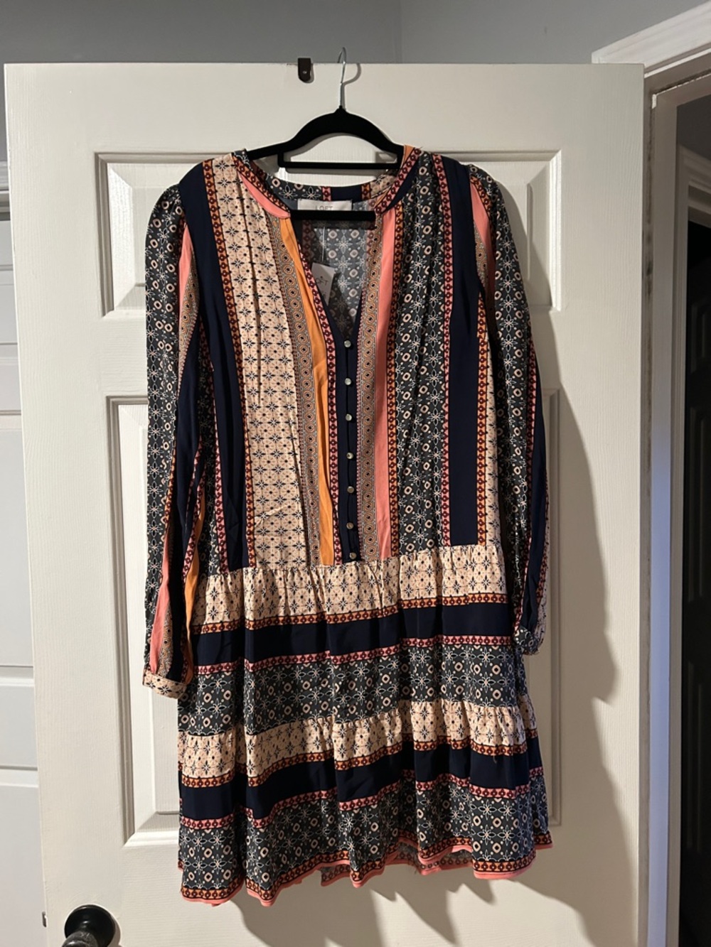 LOFT Navy, Coral & Cream Striped Floral Tiered Dress